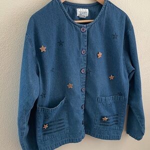 Christopher & Banks button down collarless denim shirt w/star buttons | size L